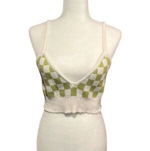 Kendall & Kylie green and white checked knit cotton spaghetti strap cropped tank